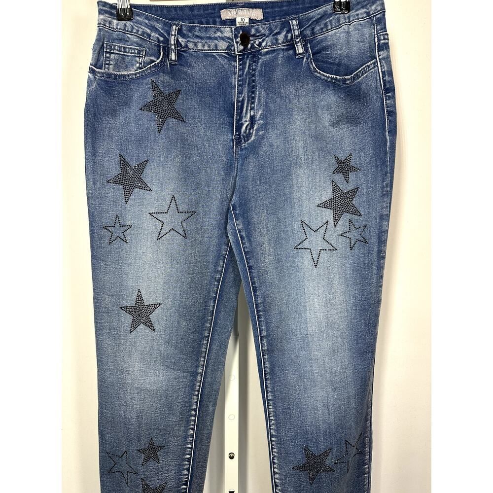 VIA RITINA Women's Denim Rhinestone Star Skinny Jeans Blue Size 10 - Picture 4 of 14